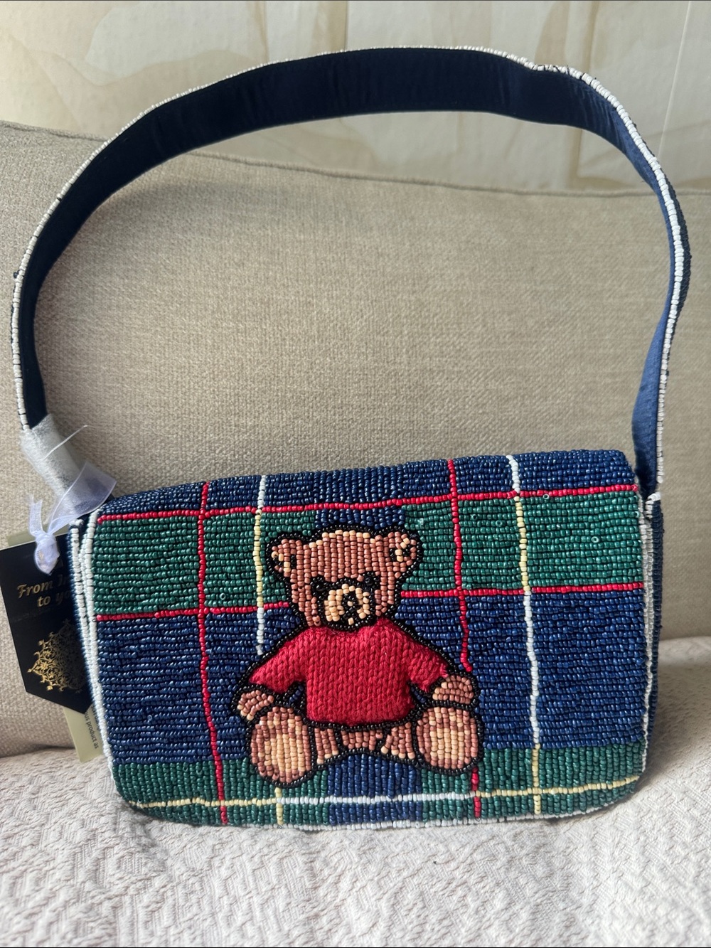 NWT Viral Sol and Mer Beaded Teddy Shoulder Bag - Navy Green and Plaid